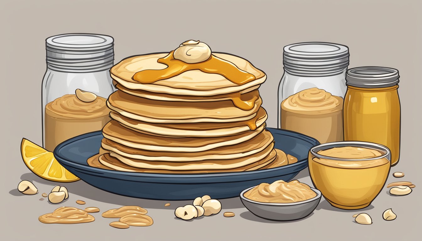 A stack of golden pancakes topped with a dollop of cashew butter, surrounded by jars of ingredients and a mixing bowl