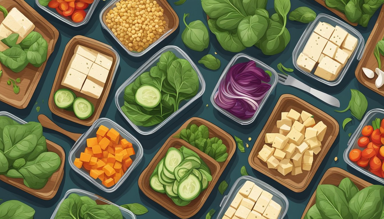 A colorful array of fresh spinach, tofu, and various vegetables arranged on a wooden cutting board, surrounded by eco-friendly meal prep containers