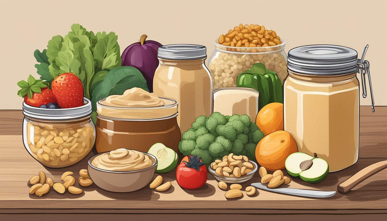 A jar of cashew butter surrounded by various ingredients like fruits, vegetables, and grains, along with a cutting board and knife for meal prep