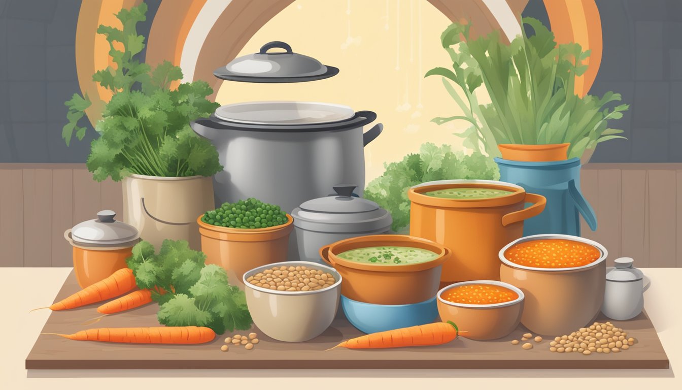 A steaming pot of lentil soup with carrots surrounded by fresh ingredients and reusable containers, with a backdrop of earth day themed decorations