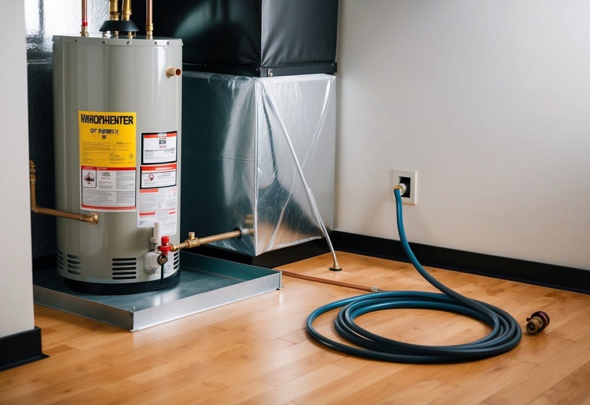 A water heater surrounded by insulation and a drip pan, with a nearby hose for draining, and a clear path for maintenance access