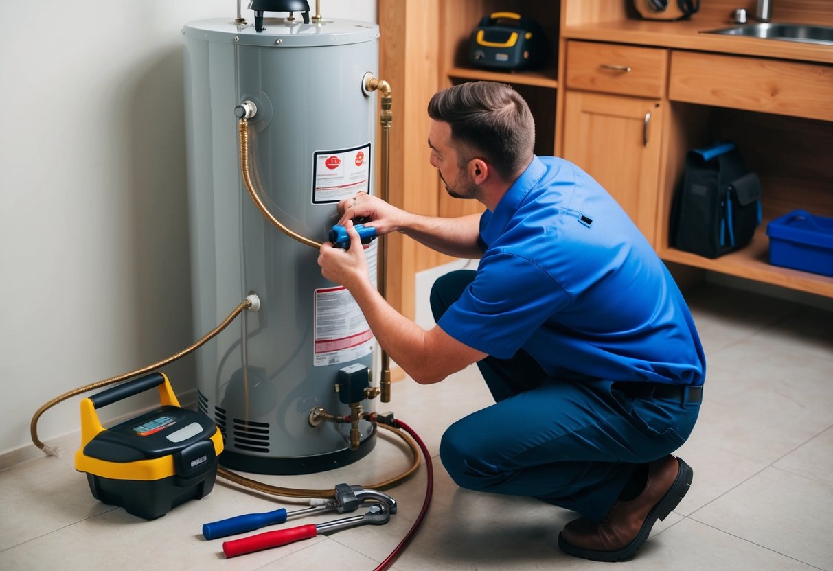 A plumber inspecting and cleaning a water heater with tools and equipment nearby