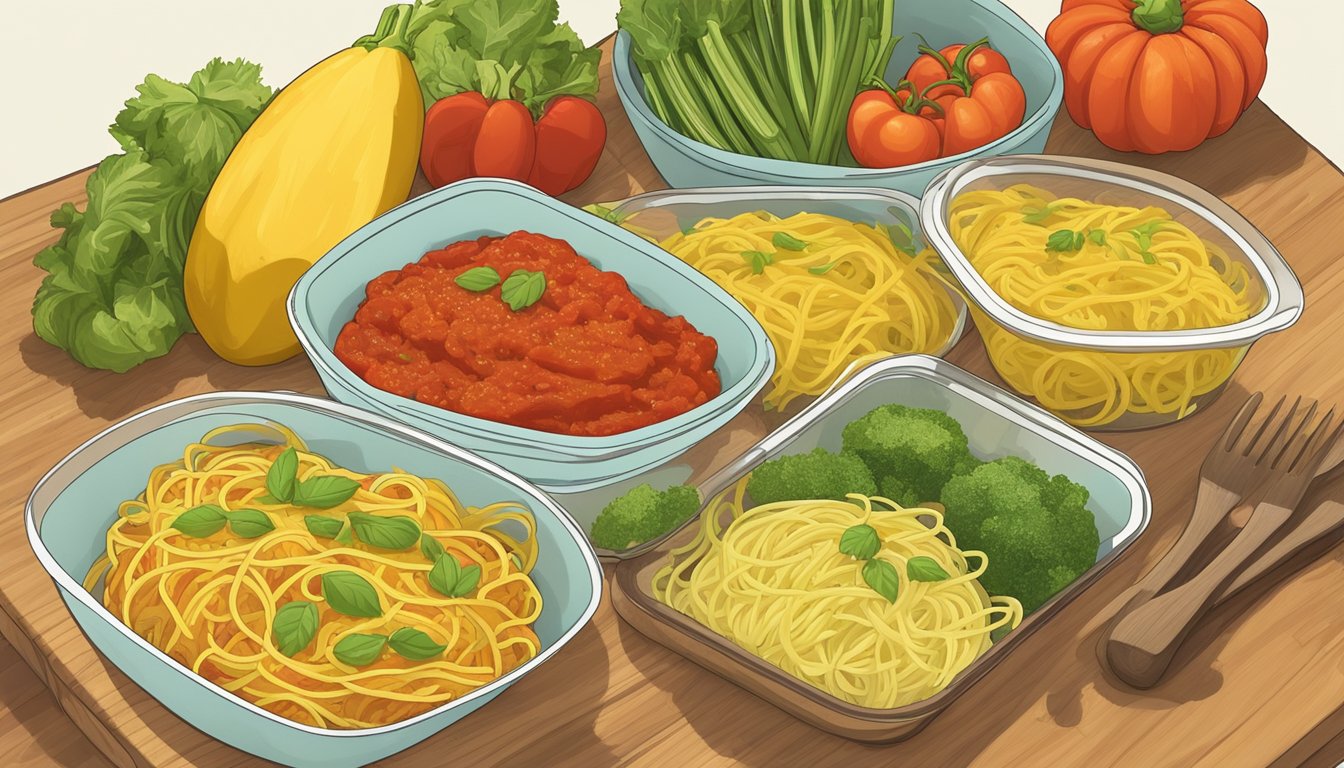 A colorful array of spaghetti squash, marinara sauce, and various vegetables arranged on a sustainable bamboo cutting board, with eco-friendly meal prep containers in the background