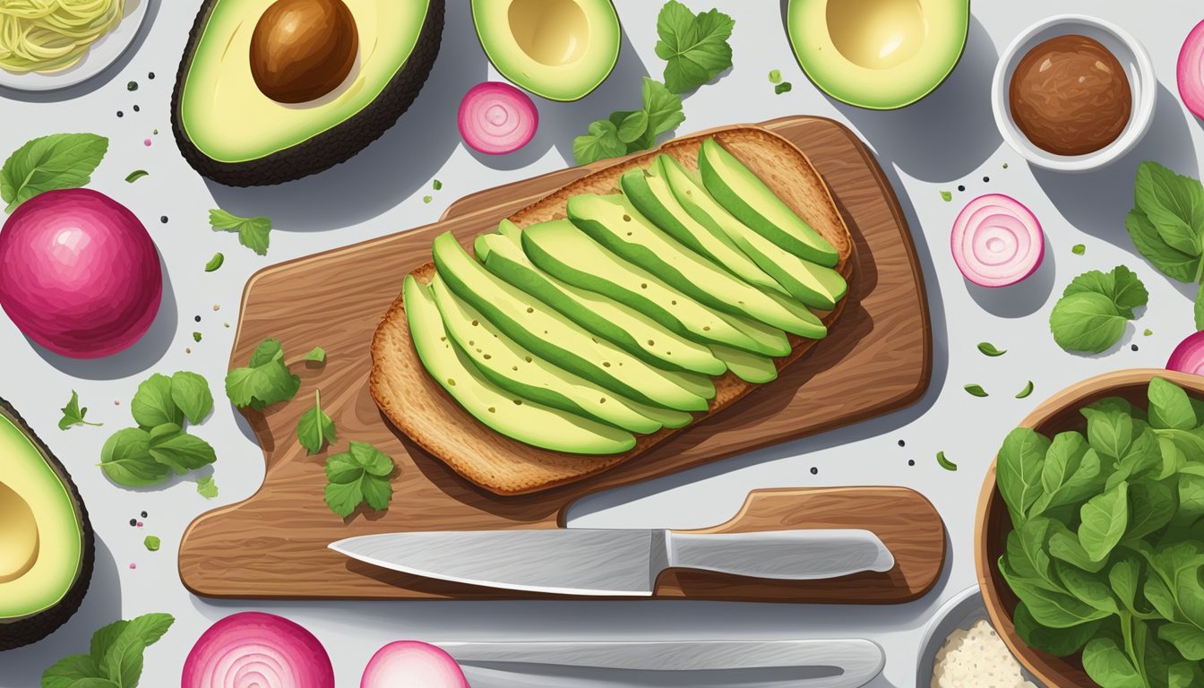 A wooden cutting board with a slice of avocado toast topped with thinly sliced radish, surrounded by various ingredients and kitchen utensils