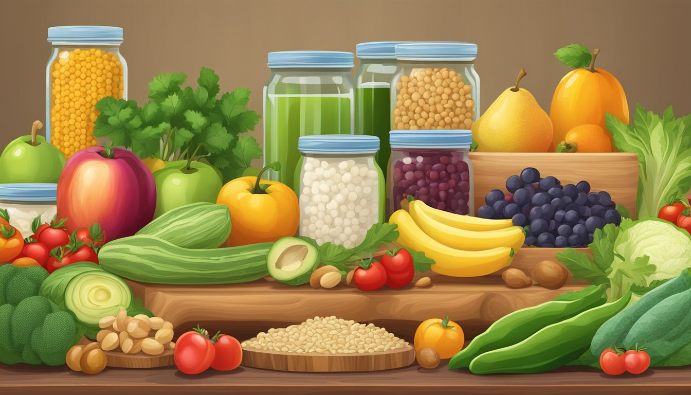 A colorful array of fresh fruits, vegetables, grains, and legumes spread out on a wooden cutting board, surrounded by reusable glass containers and eco-friendly kitchen utensils