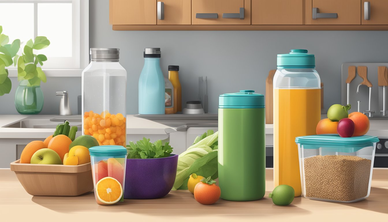 A kitchen counter with reusable containers filled with colorful fruits, vegetables, and grains. A compost bin sits nearby, and a reusable water bottle is on the side