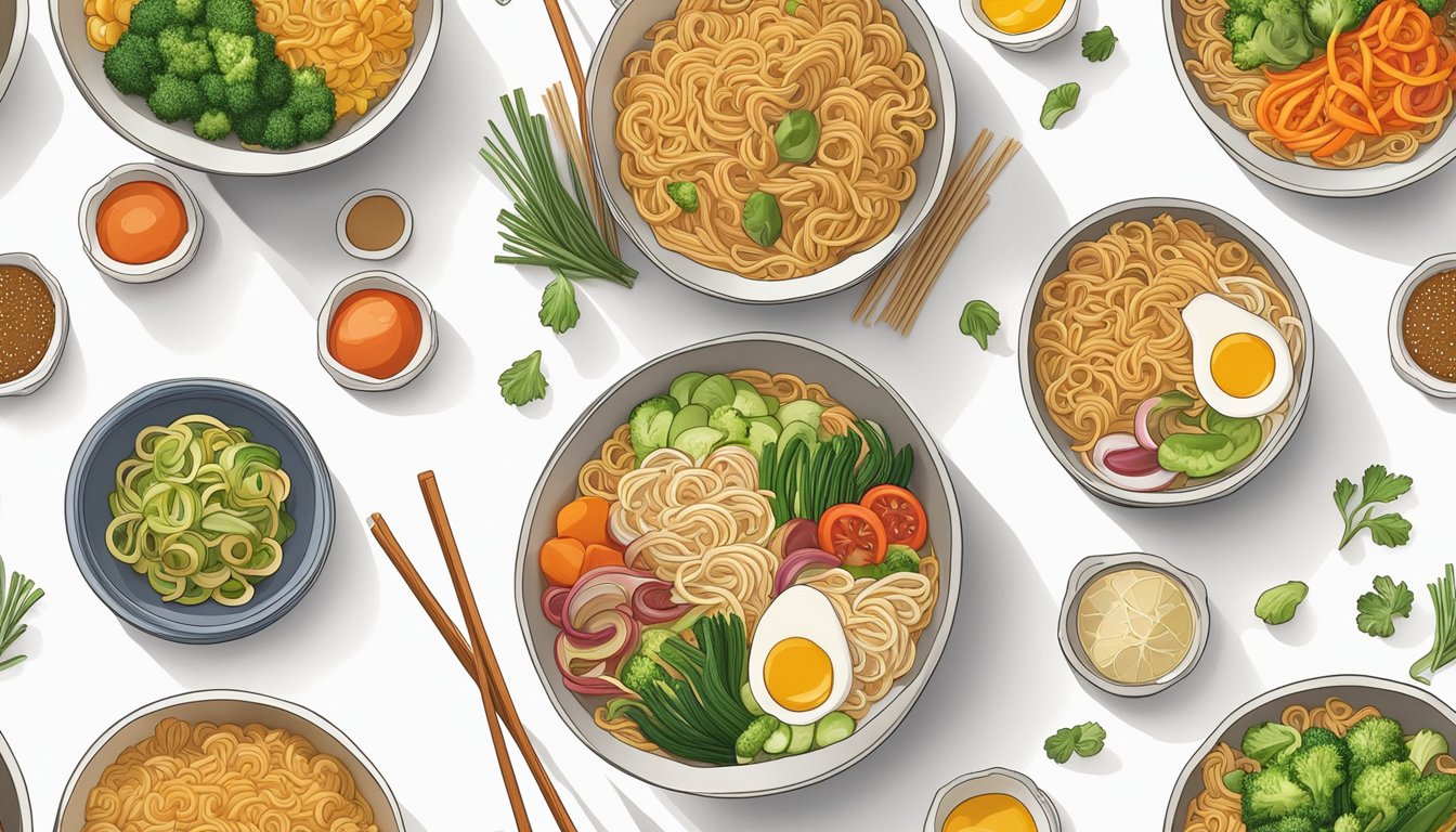 A colorful array of whole wheat ramen noodles and fresh vegetables arranged on a clean, white surface