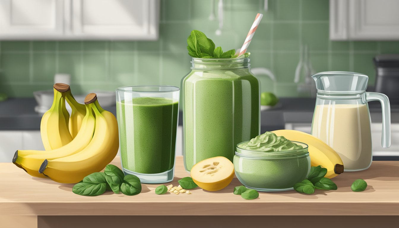 A glass filled with creamy green smoothie surrounded by ingredients like tahini, spinach, and bananas on a kitchen counter