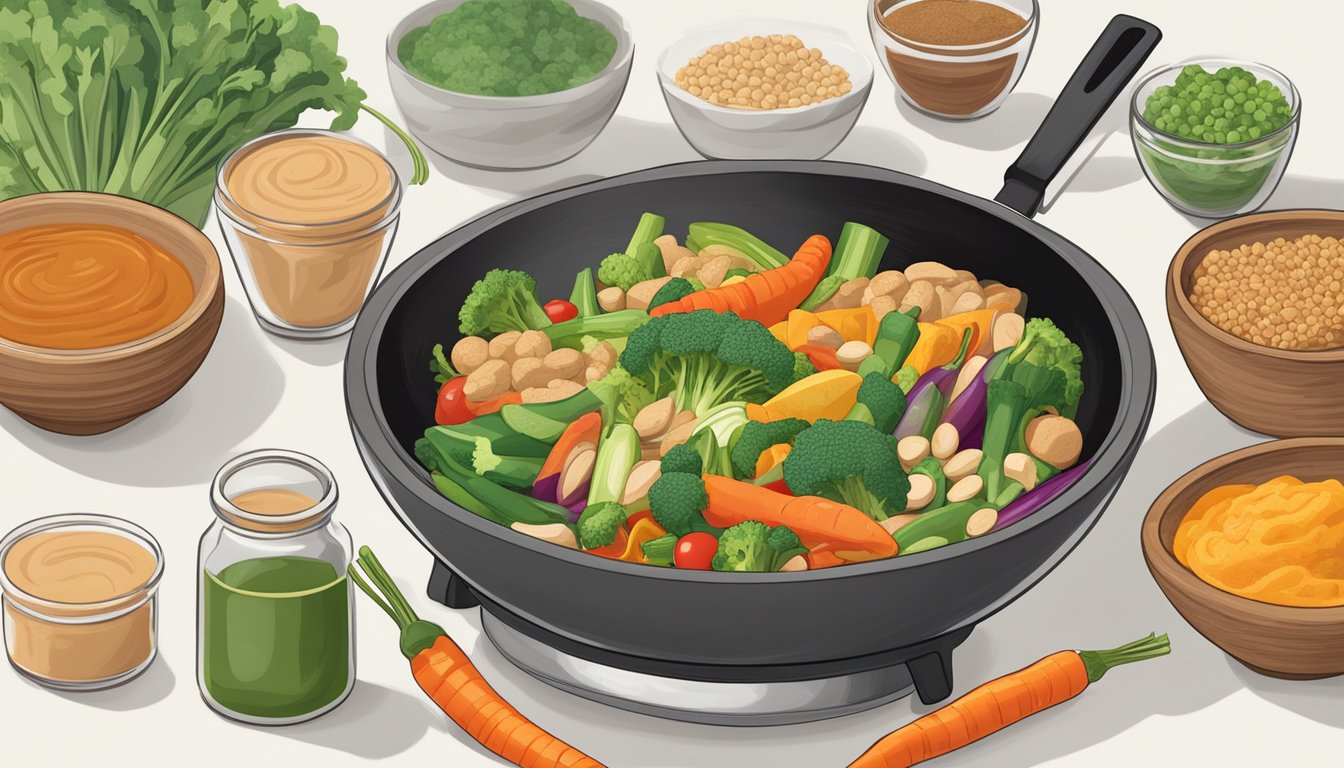 A colorful array of fresh vegetables and protein sizzling in a wok, with a jar of Thai peanut butter powder nearby