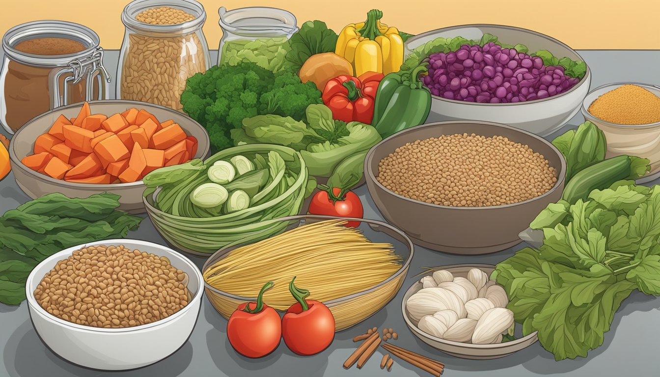 A colorful array of fresh vegetables, lean proteins, and whole grain noodles arranged on a kitchen counter, with various cooking utensils and spices nearby