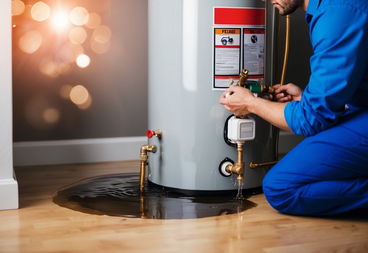 A water heater leaking water onto the floor with a plumber fixing the issue