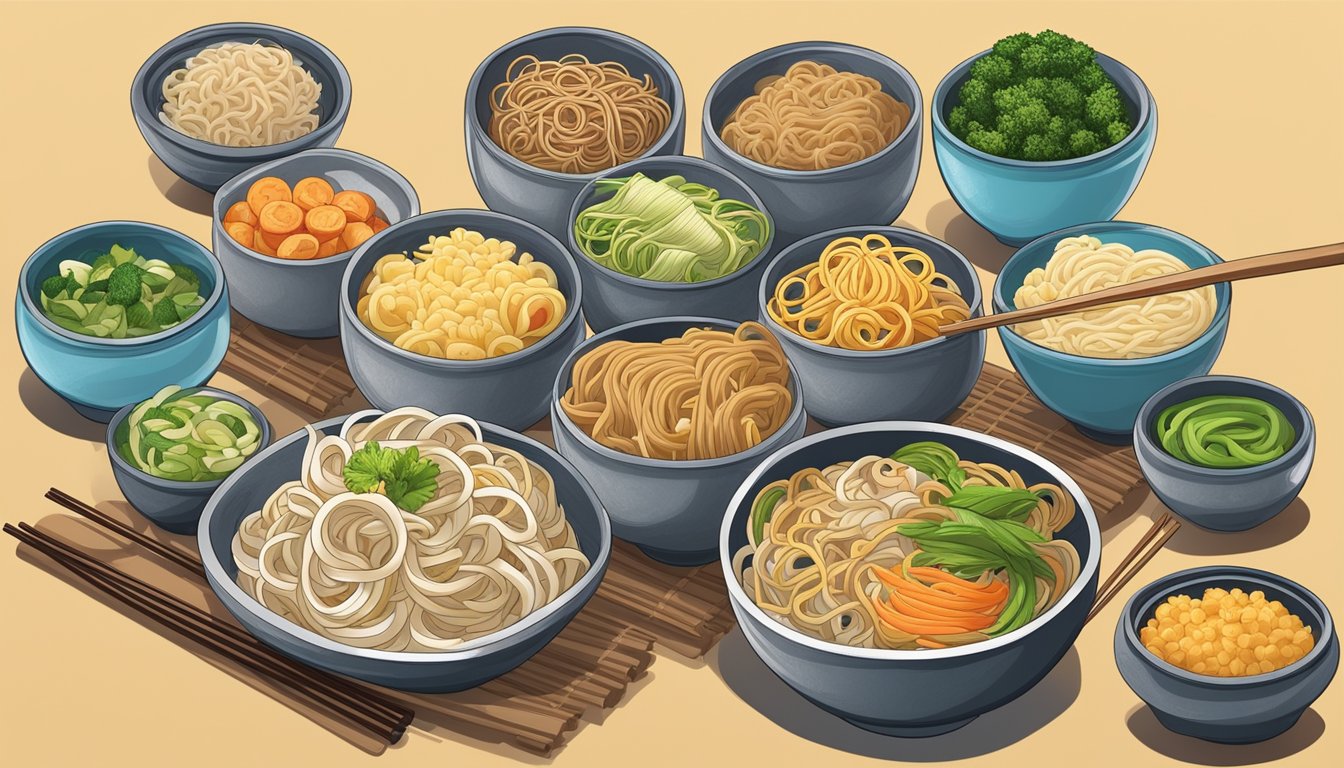 A variety of noodles, such as soba, udon, and rice noodles, arranged with colorful vegetables and lean proteins for meal prep