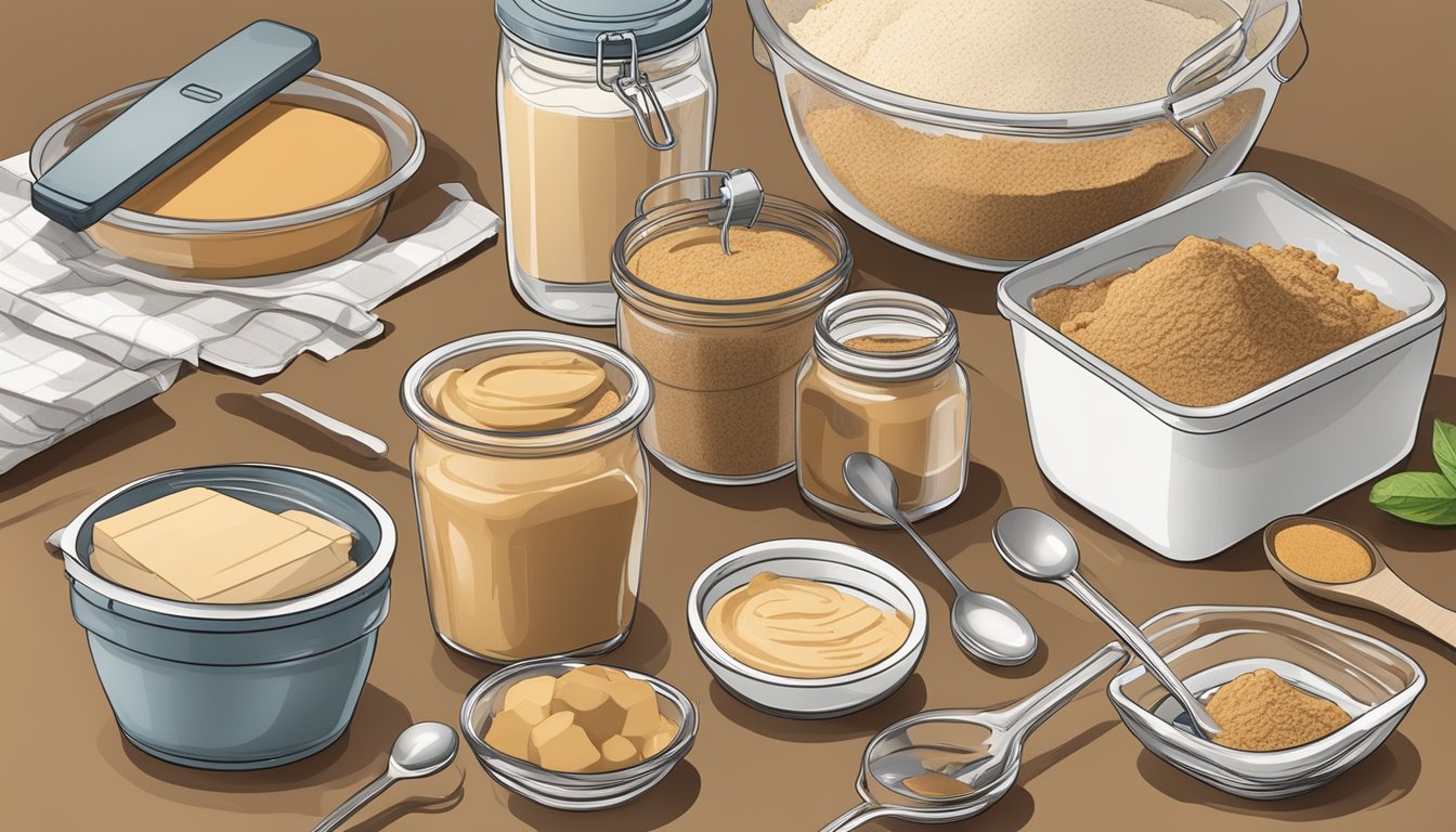 A kitchen counter with various ingredients and containers, including peanut butter powder, surrounded by measuring spoons, mixing bowls, and recipe cards