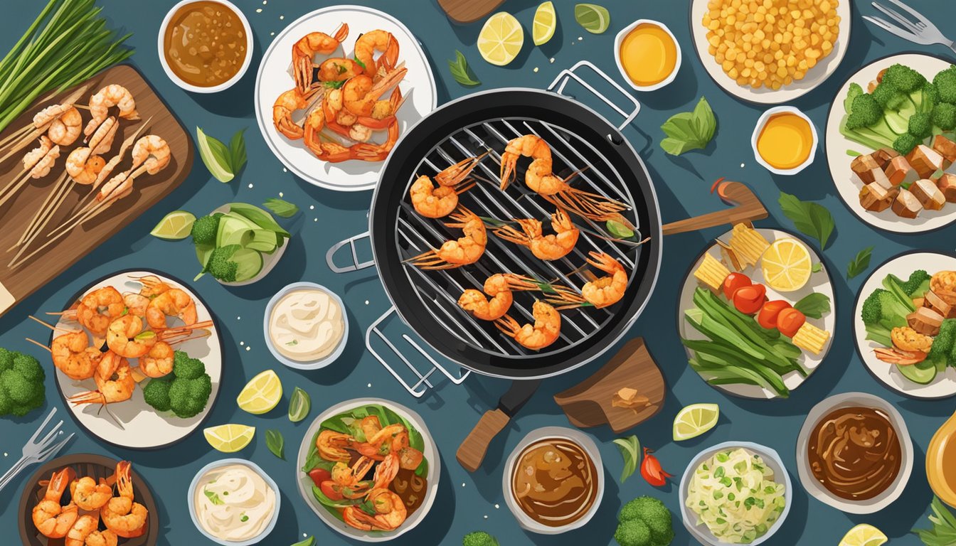 A grill with sizzling honey garlic shrimp skewers surrounded by various meal prep ingredients for a Father's Day BBQ