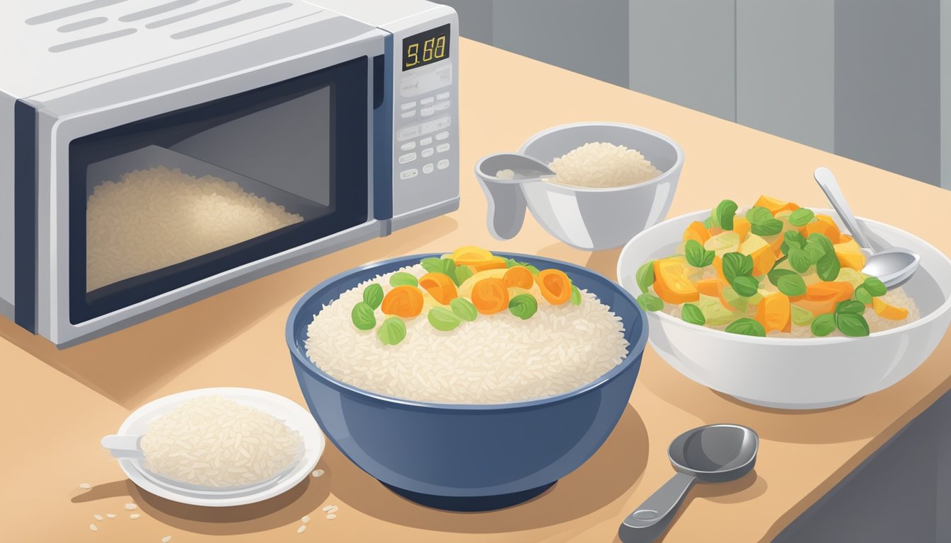 A microwave-safe bowl filled with rice, next to a measuring cup and a spoon, with a microwave in the background