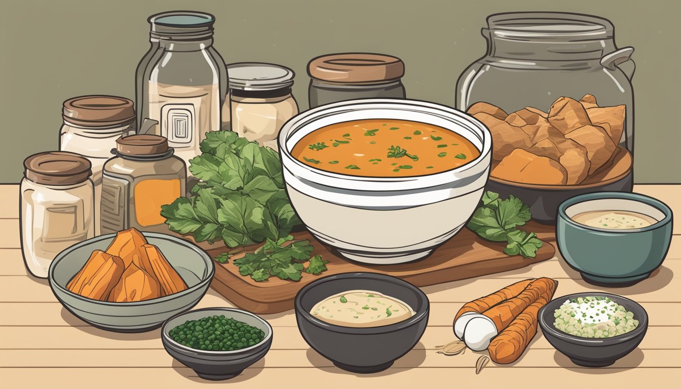 A steaming bowl of sweet potato miso soup surrounded by fresh ingredients and miso paste jars on a kitchen counter