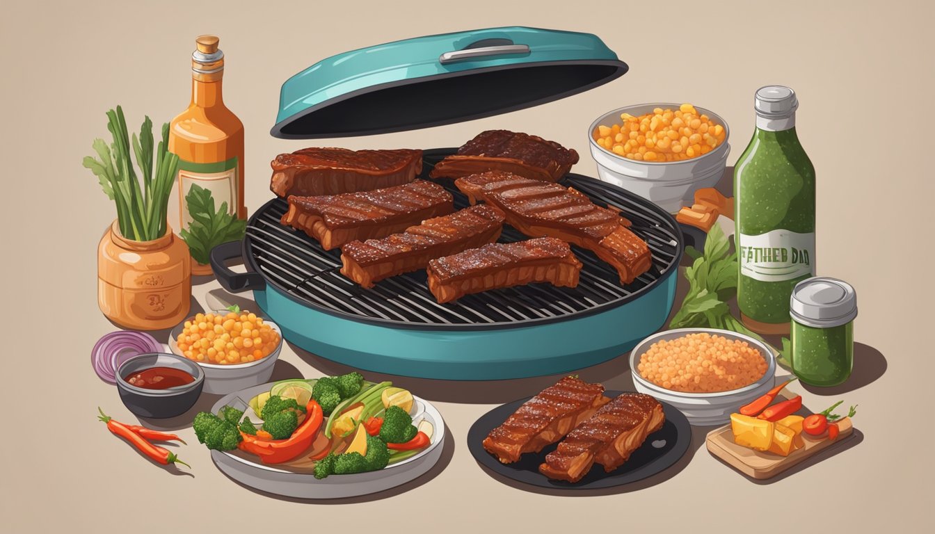 A grill sizzling with spicy BBQ ribs, surrounded by various meal prep ingredients for Father's Day BBQ