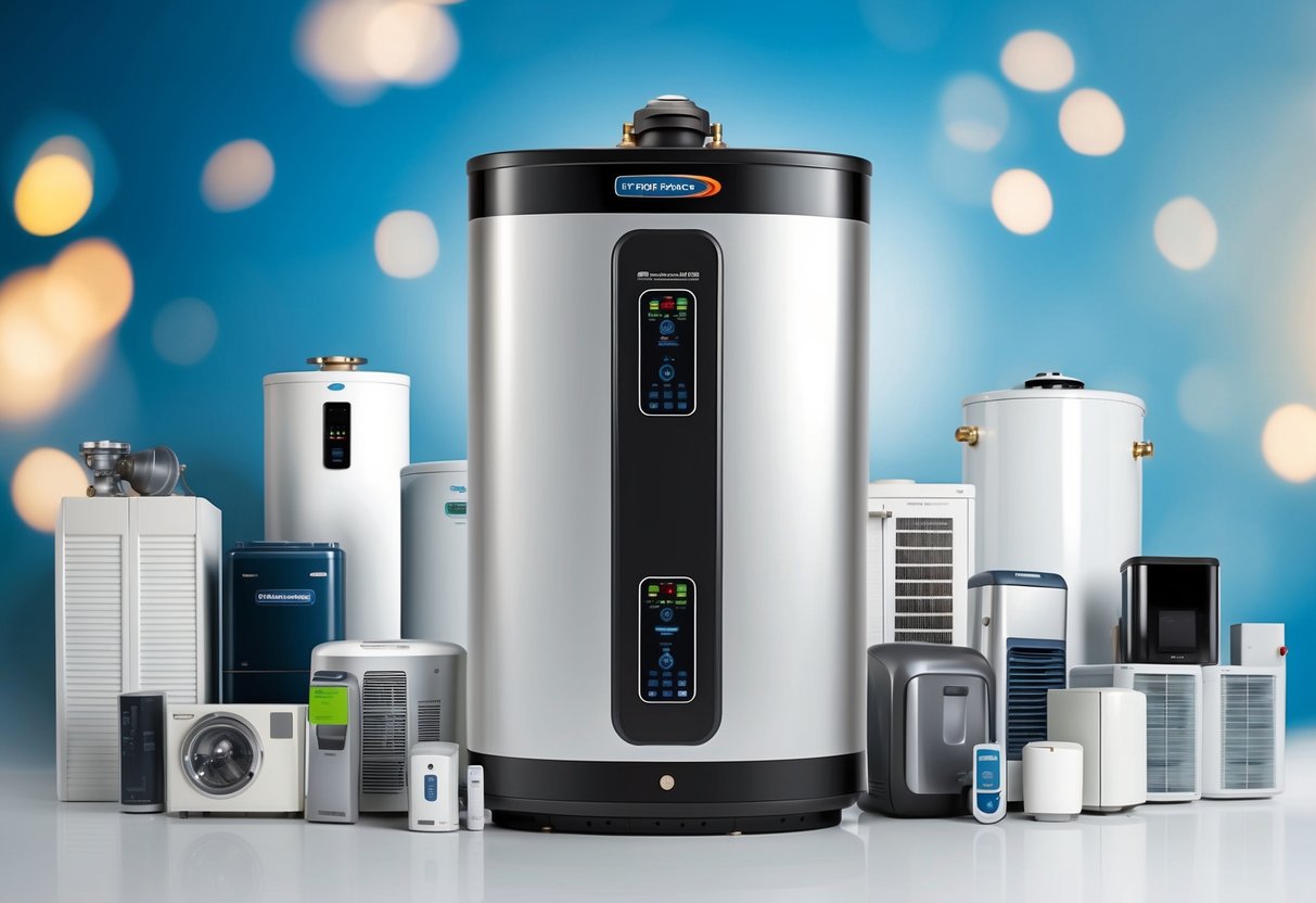 A modern water heater with energy-saving features surrounded by various energy-efficient appliances and devices