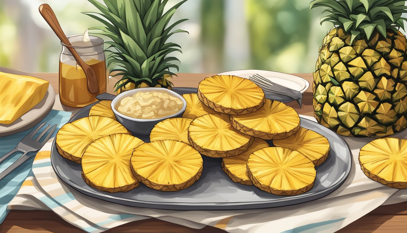 Grilled pineapple slices arranged on a platter with BBQ utensils and a Father's Day card in the background