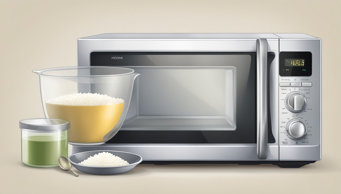 A microwave with a bowl of rice inside, a measuring cup, and a spoon on the counter