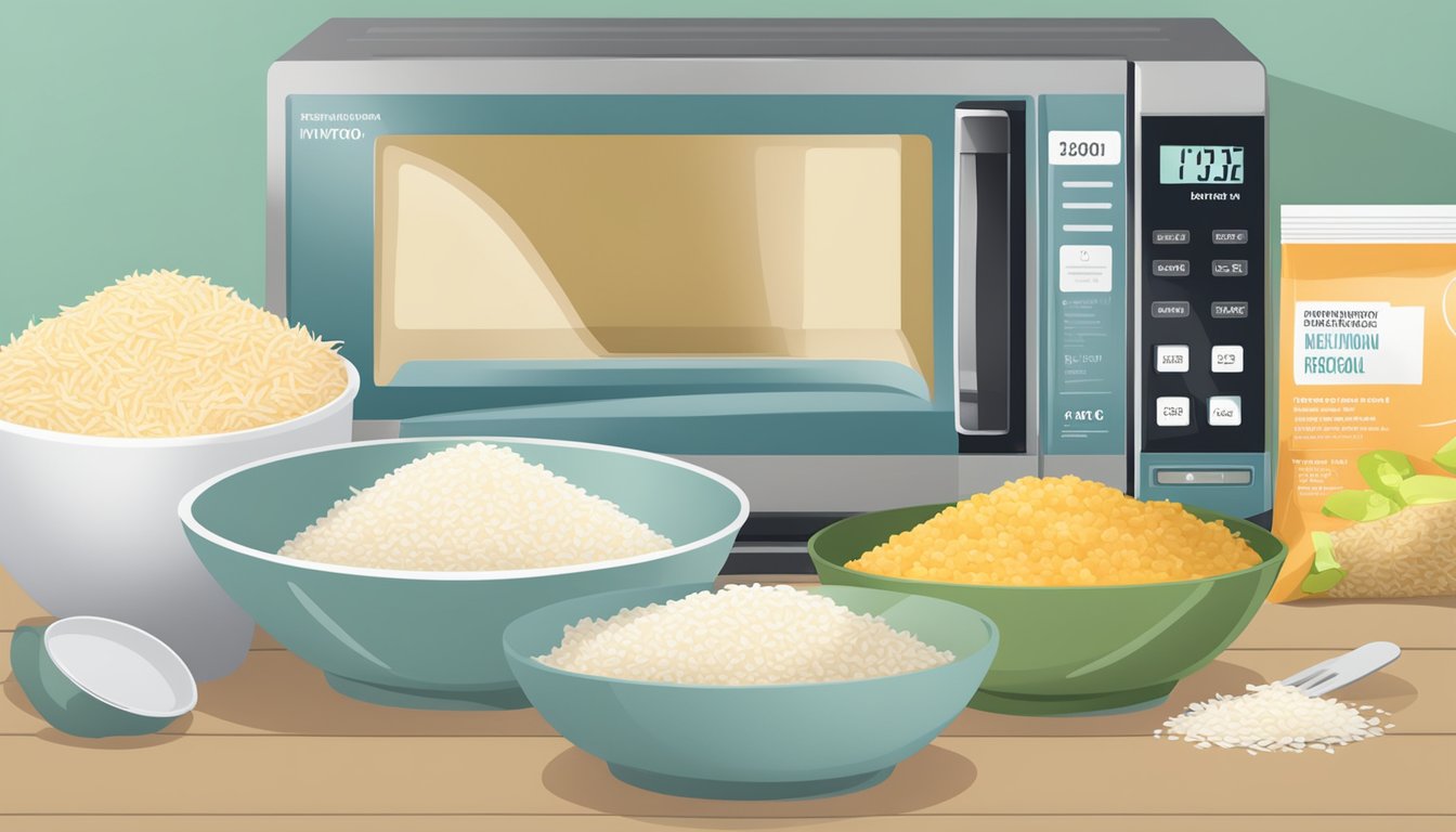 A microwave with a bowl of rice inside, a measuring cup, and a packet of nutritional information next to it