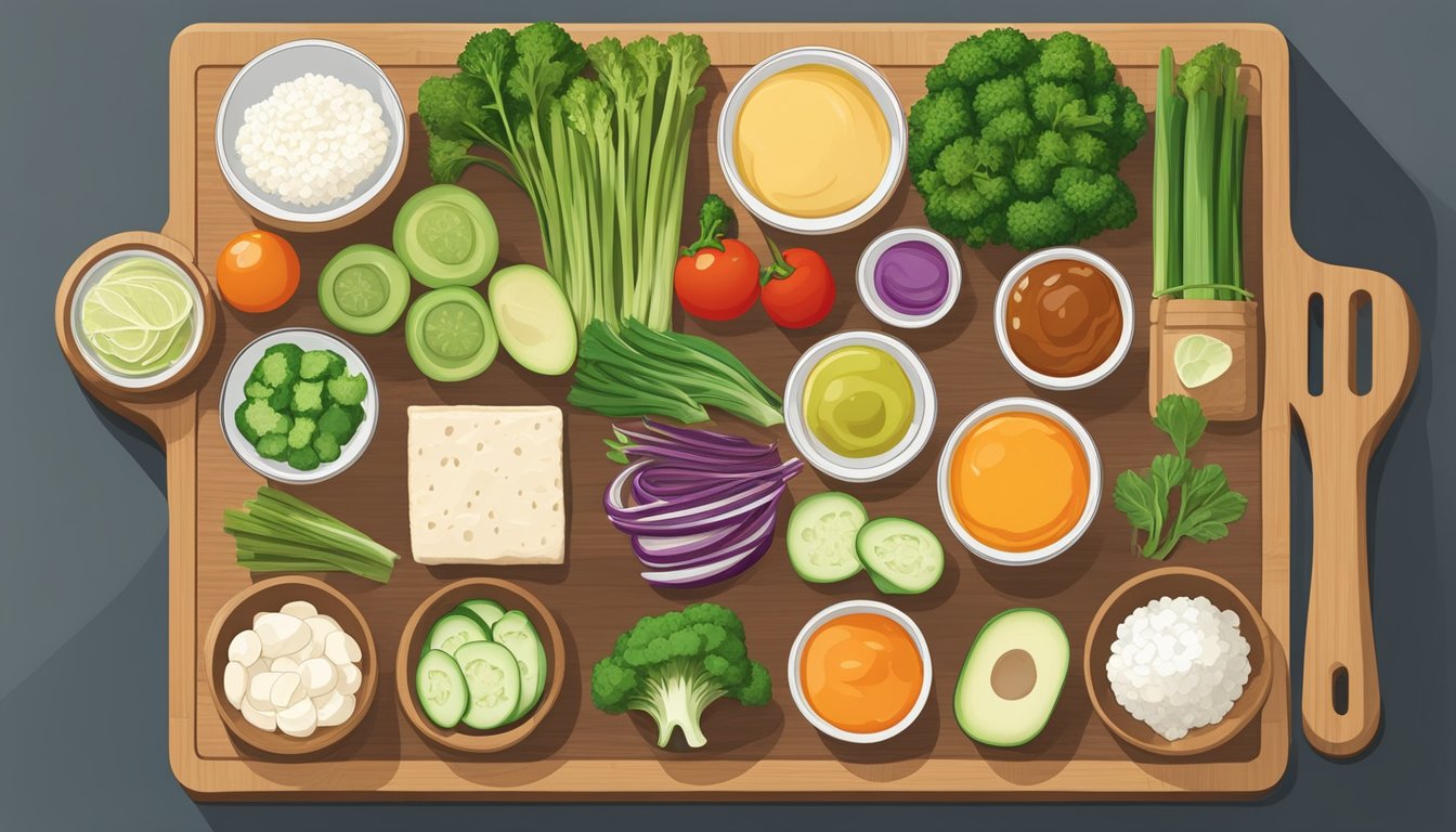 A wooden cutting board with various ingredients such as vegetables, tofu, and miso paste arranged neatly for meal prep