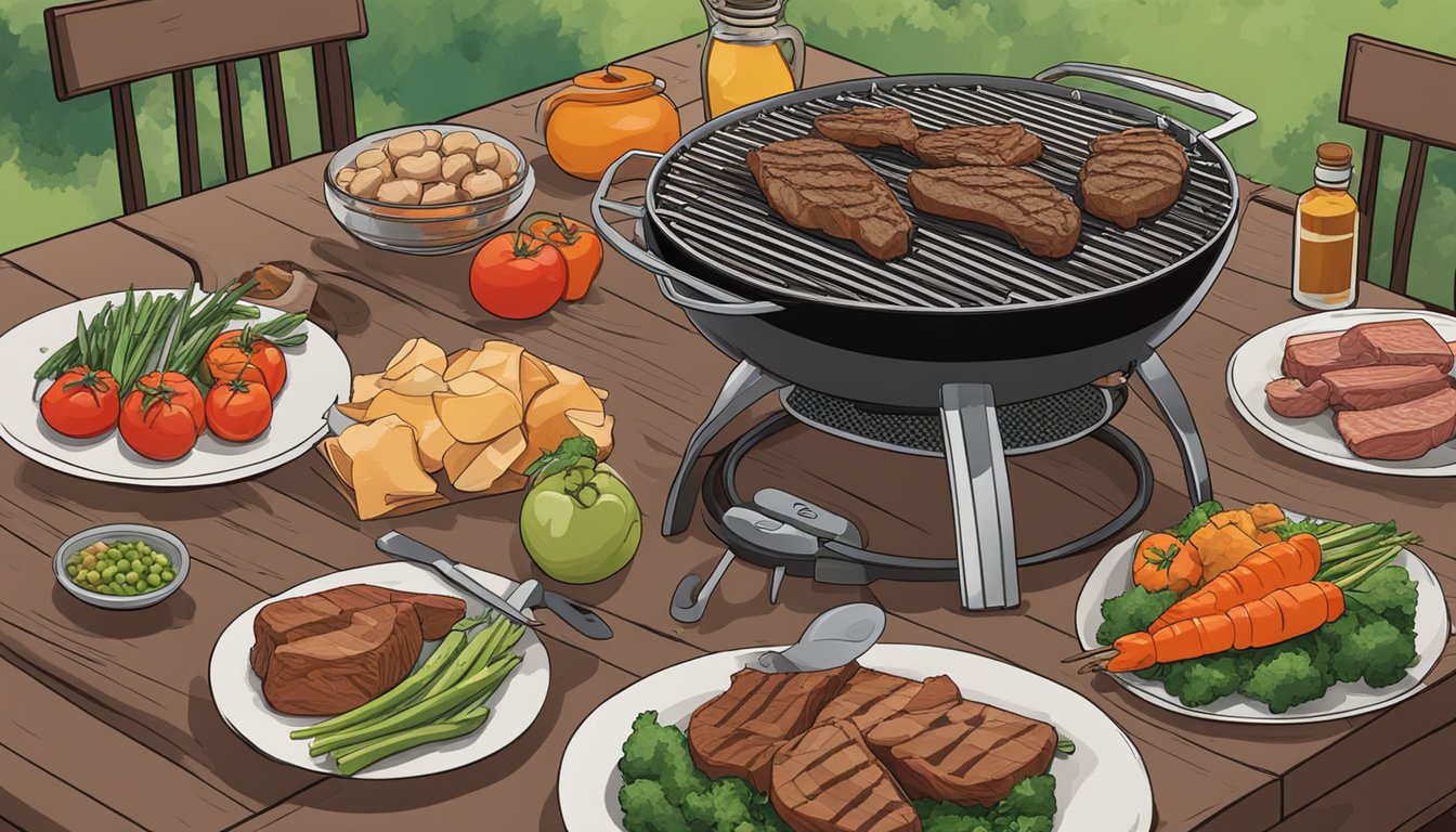 A grill with various meats and vegetables being prepped for a Father's Day BBQ. Utensils and seasonings are laid out on a nearby table