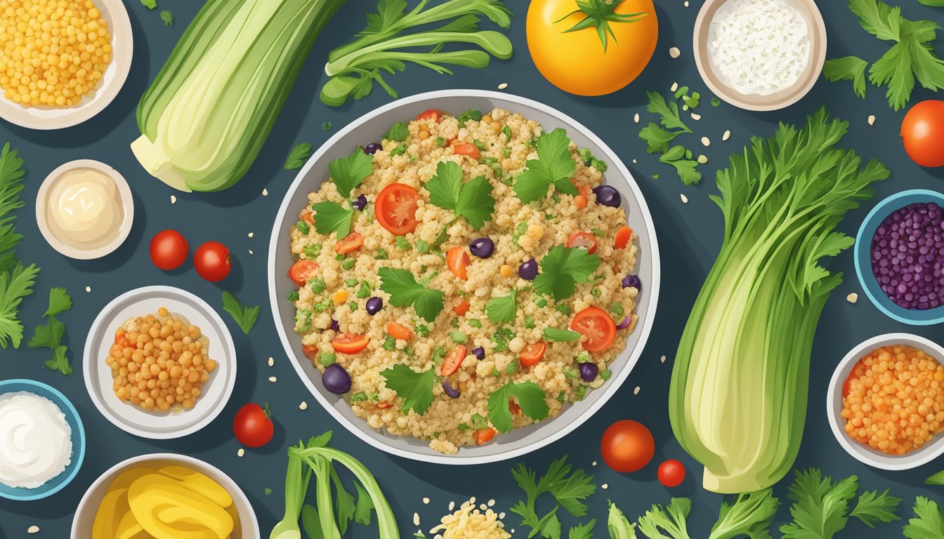 A colorful bowl of fennel quinoa salad surrounded by fresh ingredients and meal prep containers