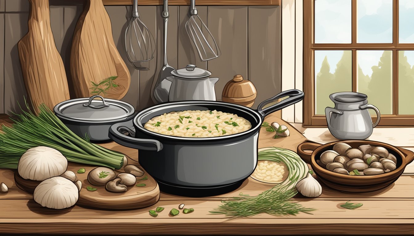 A rustic kitchen scene with a pot of creamy risotto simmering on the stove, surrounded by fresh fennel bulbs and earthy mushrooms