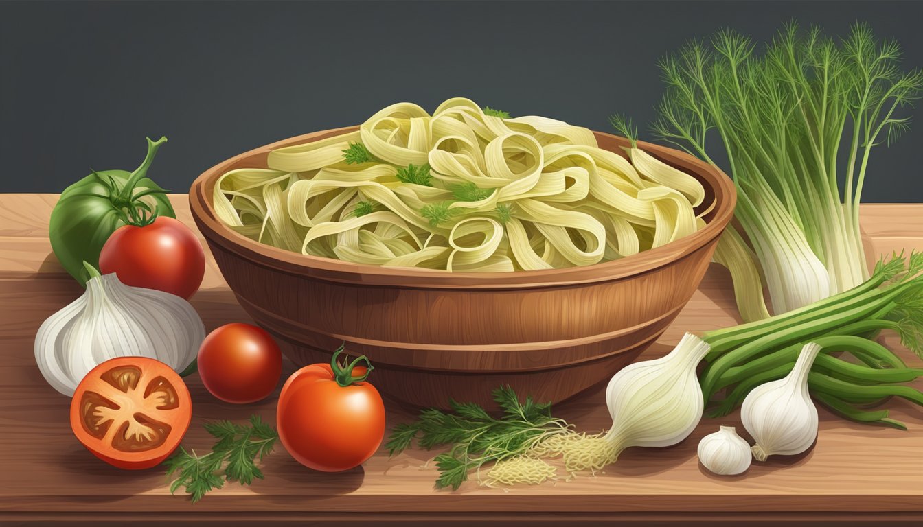 A colorful bowl of fennel and tomato pasta surrounded by fresh fennel bulbs, ripe tomatoes, and other ingredients on a wooden cutting board