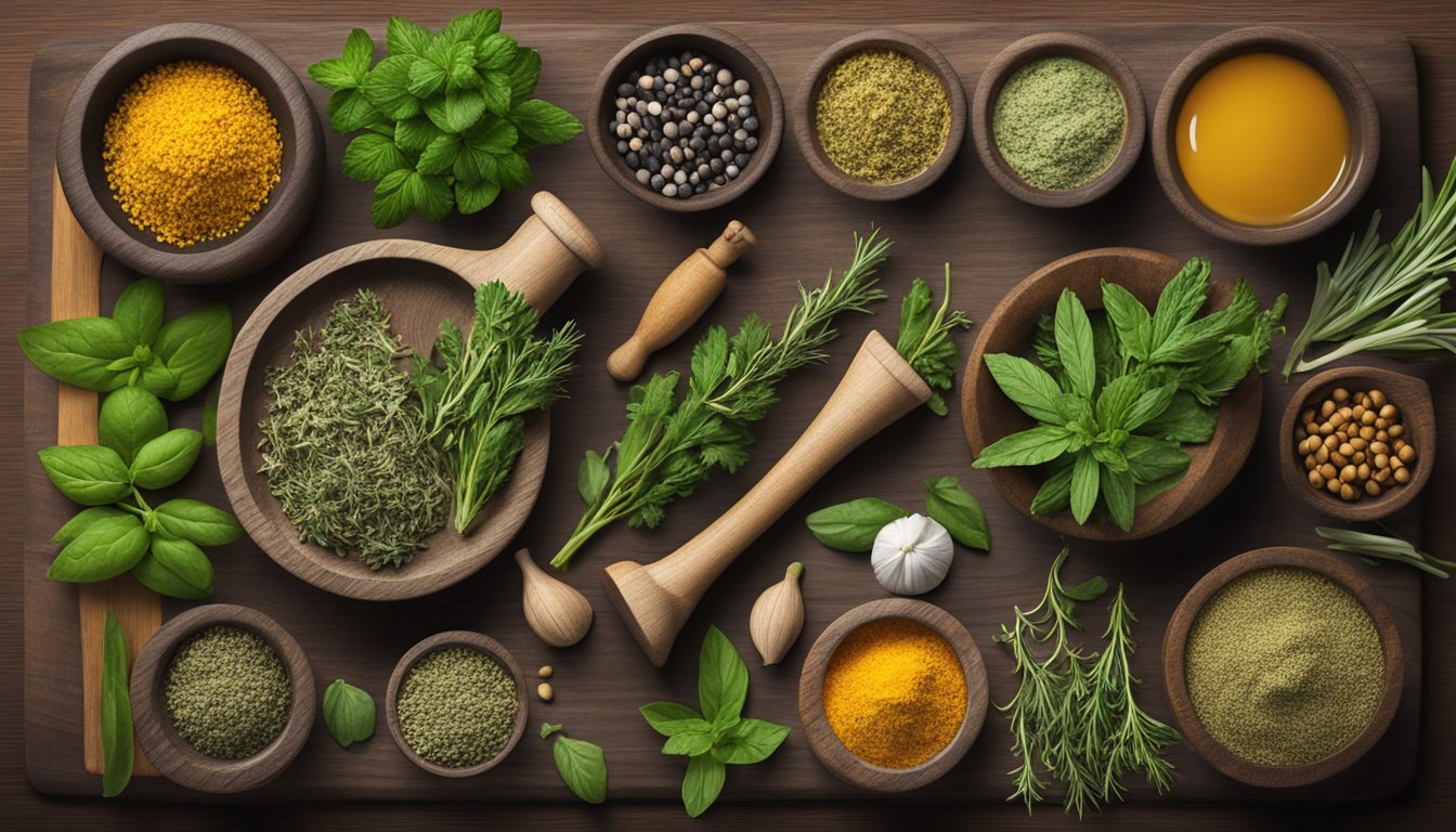 A variety of herbs and seasonings arranged on a wooden cutting board with a mortar and pestle nearby