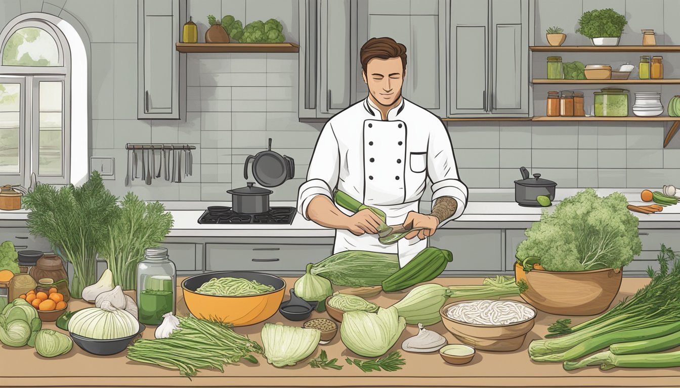 A chef chopping fennel, surrounded by various ingredients and kitchen utensils, with a recipe book open to a page titled "7 meal prep recipes using fennel."