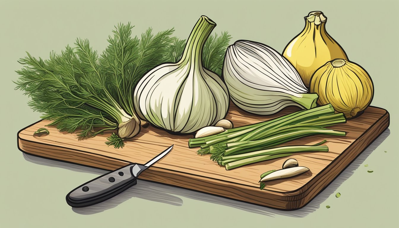 A kitchen counter with fresh fennel bulbs, a cutting board, a sharp knife, and various ingredients for meal prep recipes