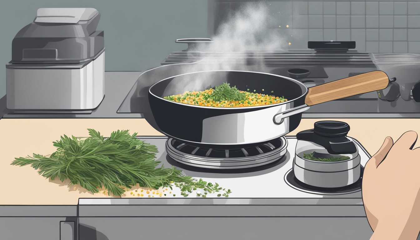 A chef's hand adding a sprinkle of herbs to a dish on a stovetop