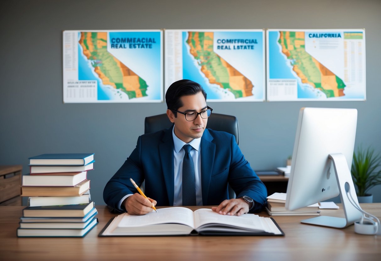 A commercial real estate appraiser studying at a desk with books, a computer, and California maps on the wall