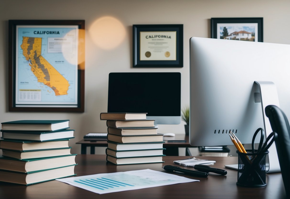 An office desk with a stack of books, a computer, and a framed certificate on the wall. A California map and real estate appraisal tools are scattered on the desk