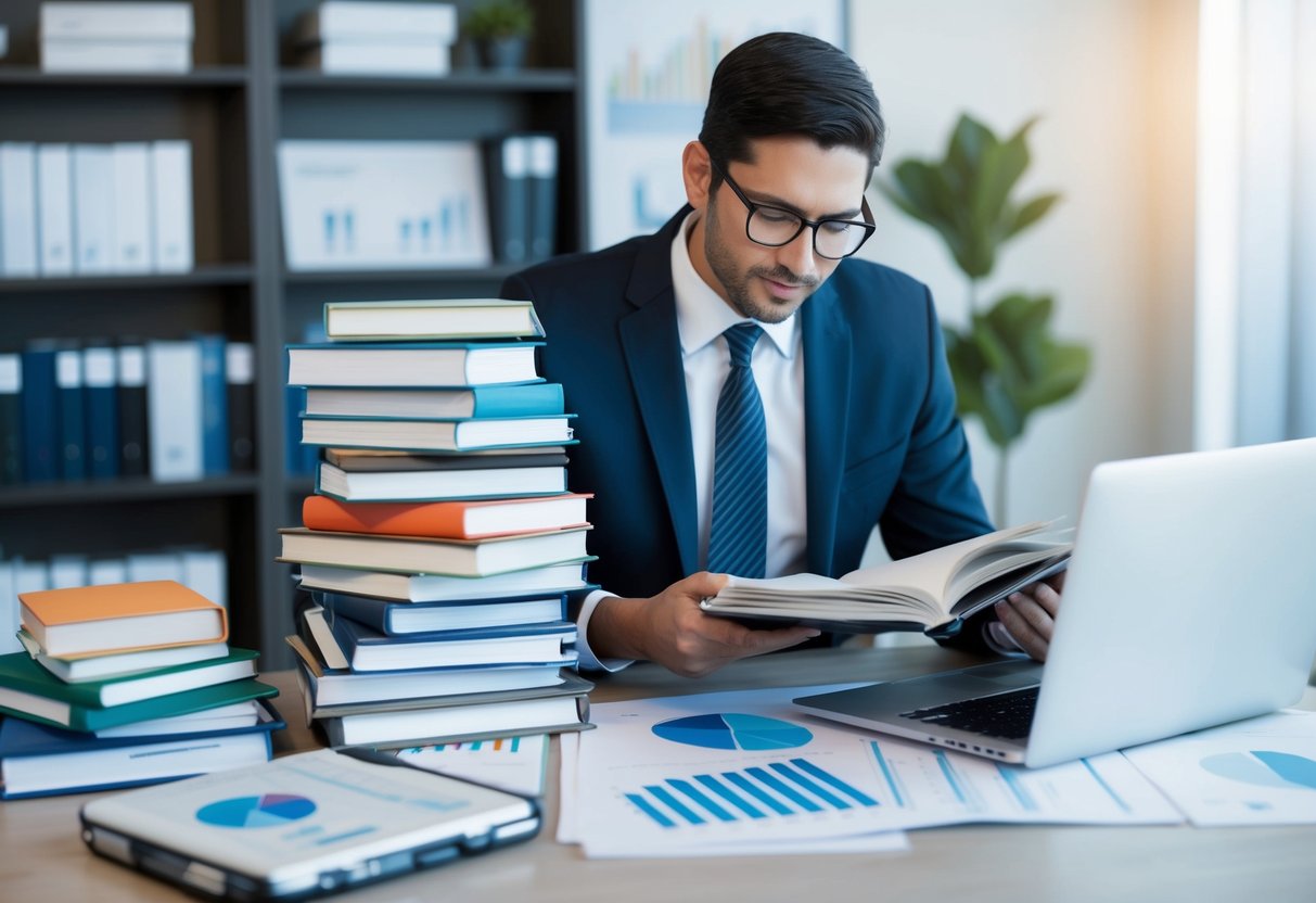 A commercial real estate appraiser studying a stack of textbooks and reference materials, surrounded by charts and graphs, with a laptop displaying relevant online courses