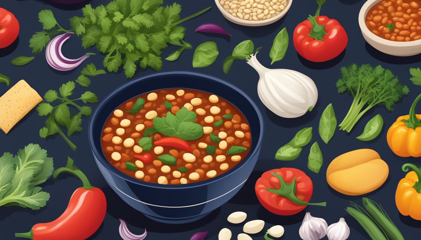 A colorful bowl of navy bean chili surrounded by fresh vegetables and herbs