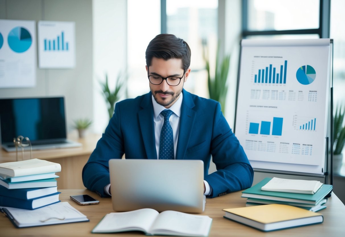 A commercial real estate appraiser studying at a desk with a laptop, textbooks, and notes, surrounded by charts and graphs