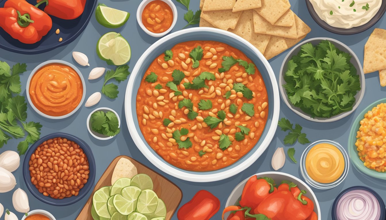 A bowl of roasted red pepper and navy bean dip surrounded by ingredients and meal prep containers