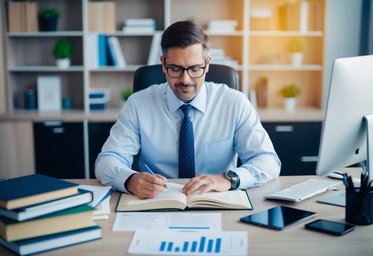 A commercial real estate appraiser studying books and online resources, surrounded by a desk with a computer, notes, and relevant industry materials