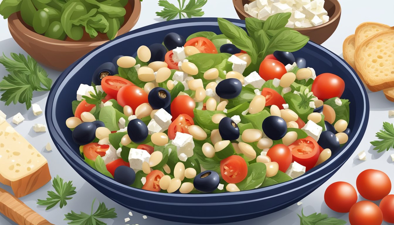 A colorful bowl of navy bean salad surrounded by fresh Mediterranean ingredients - tomatoes, cucumbers, olives, and feta cheese