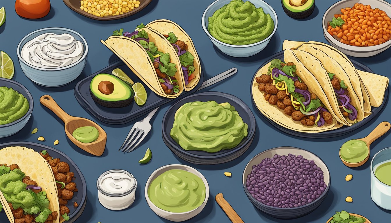 A colorful spread of navy bean tacos topped with avocado cream, surrounded by various meal prep ingredients and tools