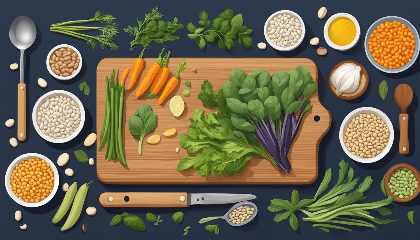 A colorful array of navy beans, vegetables, and herbs arranged on a wooden cutting board, surrounded by various kitchen utensils and containers