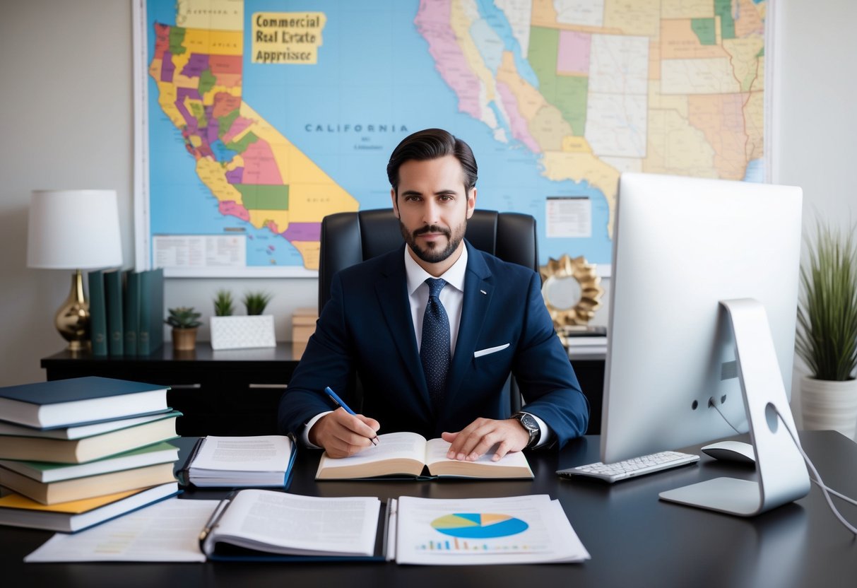 A commercial real estate appraiser studying at a desk with books, a computer, and reference materials, surrounded by California-themed decor and maps