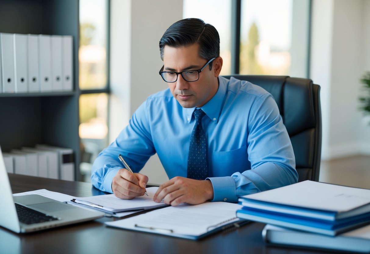 A commercial real estate appraiser studying and taking notes on new regulations in a California office