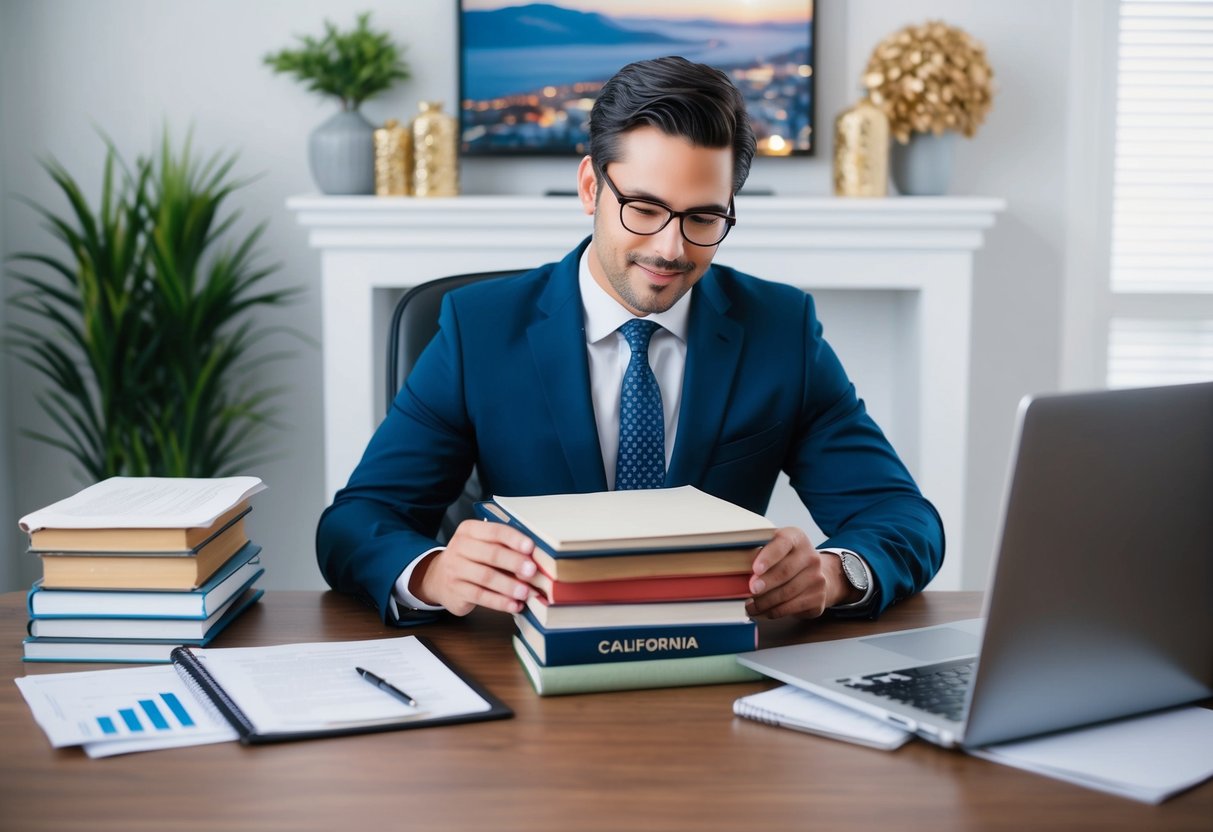 A commercial real estate appraiser studying at a desk with a stack of books, a laptop, and paperwork, surrounded by California-themed decor and reference materials