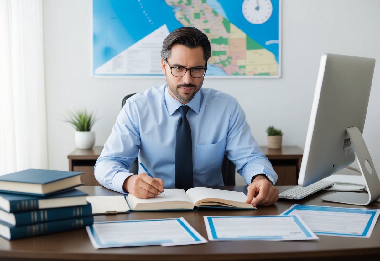 A commercial real estate appraiser studying at a desk with books, a computer, and California maps. Certificates and renewal forms are spread out