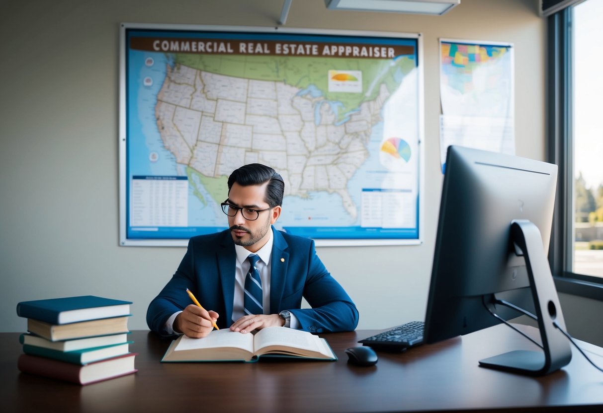 A commercial real estate appraiser studying at a desk with books, a computer, and a California map on the wall