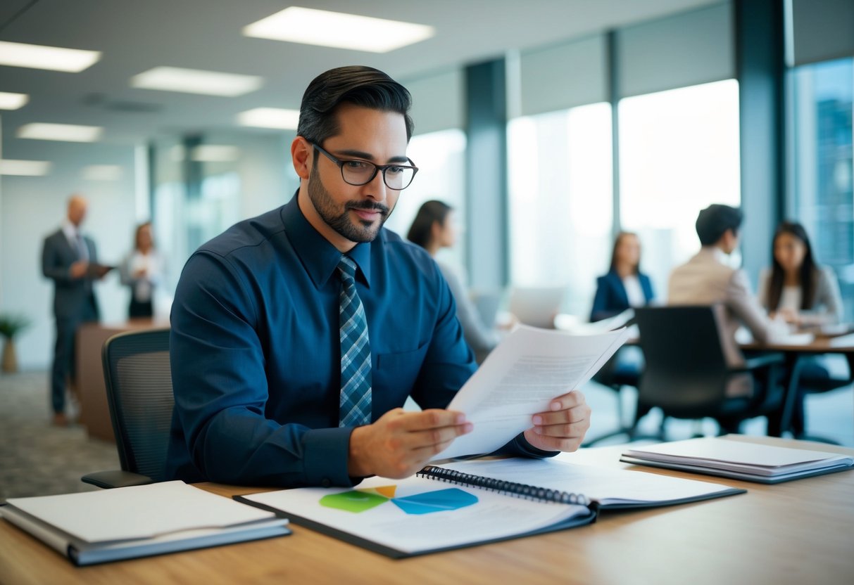 A licensed commercial real estate appraiser in California studying appraisal standards and ethics education materials in a modern office setting